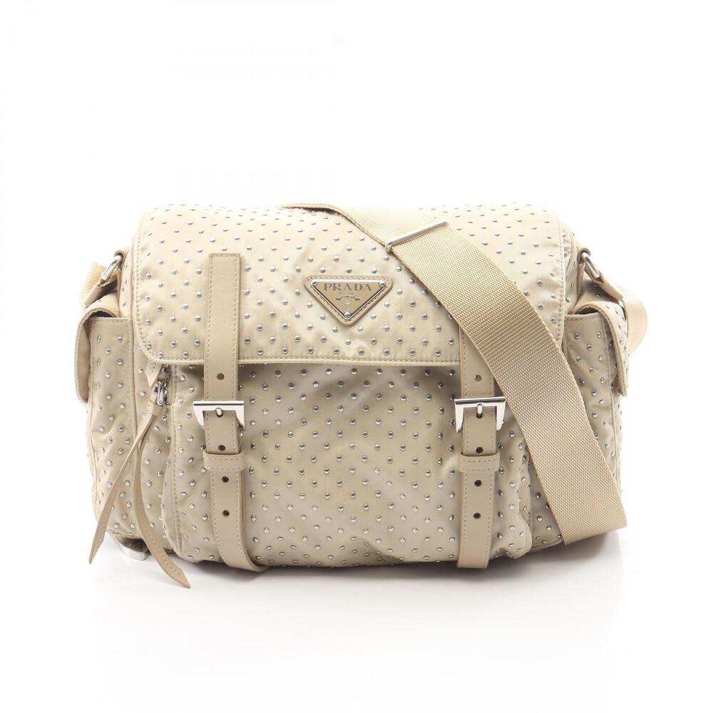 Prada Re Studded Leather Shoulder Bag Beige Tan